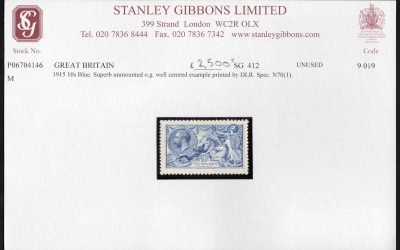 Great Britain #175b. VF mint Never Hinged example of the 1915 printed 10sh George V “Seahorse”