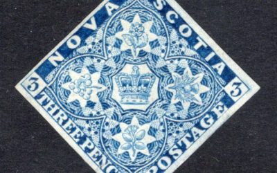 Nova Scotia #2. VF mint full original-gum, Lightly Hinged 3d blue 1857 issued imperforate