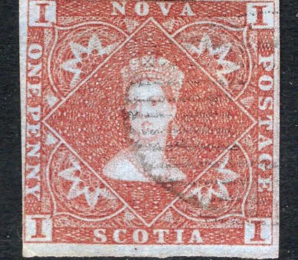 Nova Scotia #1 VG/Fine used 1853 issued 1d red brown Queen Victoria imperforate