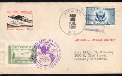 Rocket Mail. USA 1936. Greenwood Lake NY to Hewitt NJ. First Rocket Powered Airmail Flight.