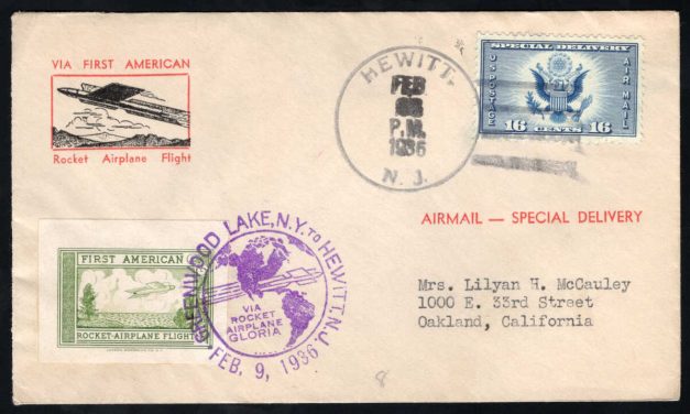 Rocket Mail. USA 1936. Greenwood Lake NY to Hewitt NJ. First Rocket Powered Airmail Flight.
