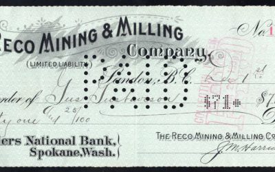 British Columbia. Sandon 1898 RECO Mining and Milling Company. Spokane Washington Bank draft