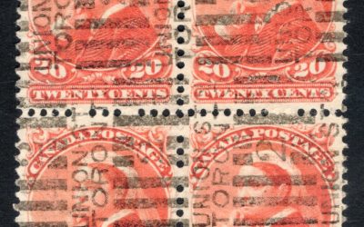 Canada #46 VF Union Stn Roller Used 1893 20c Widow Weed Block
