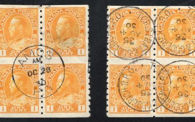 A lovely pair of blocks. Canada #126a VF duo of used blocks of the 1924 issued part-perforate 1c yellow George V coil