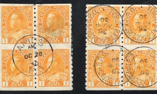 A lovely pair of blocks. Canada #126a VF duo of used blocks of the 1924 issued part-perforate 1c yellow George V coil