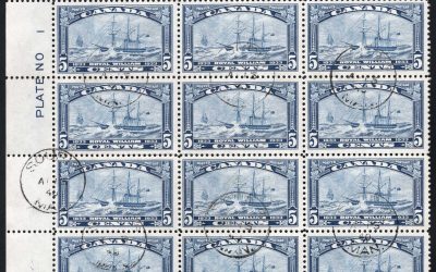 Canada #202. VF used UL corner/plate block of 12 of the 1933 Royal William issue (Plate 1)