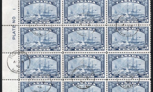 Canada #202. VF used UL corner/plate block of 12 of the 1933 Royal William issue (Plate 1)