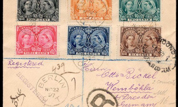 Canada #50-55 Cover. Berlin ONT 1897 multiple franking Queen Victoria Jubilee cover, sent to Germany.