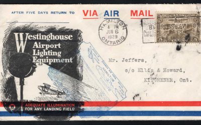 Canada Airmail. Hamilton ON 1929 First Flight Cover. Unusual illustrated cachet, and with seldom seen PRIVATE PERFIN on Airmail Stamp