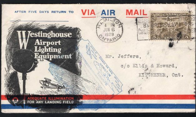 Canada Airmail. Hamilton ON 1929 First Flight Cover. Unusual illustrated cachet, and with seldom seen PRIVATE PERFIN on Airmail Stamp