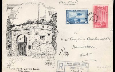 Canada FDC 1938 George VI Pictorial series, 6c airmail / 10c Memorial Chambers. Fort Garry MB Registered. WC Thorne cachet.