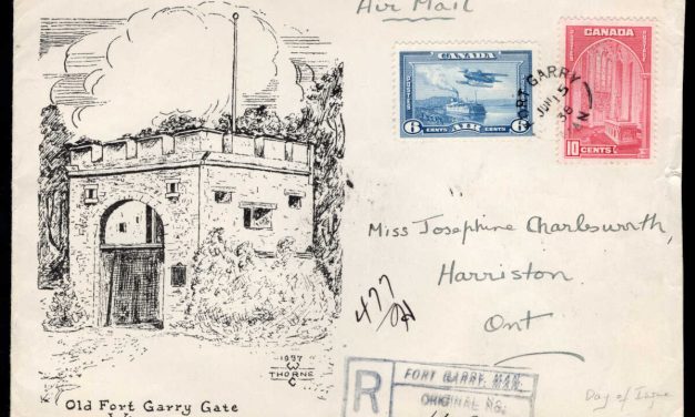Canada FDC 1938 George VI Pictorial series, 6c airmail / 10c Memorial Chambers. Fort Garry MB Registered. WC Thorne cachet.