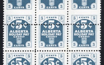 Canada Revenues. Alberta #AV11 ERROR. Striking VF mint Never Hinged mis-perforated block of 9 of the 1955 “Second Issue” 5c grey blue Vacation Pay Stamp. As regular block.