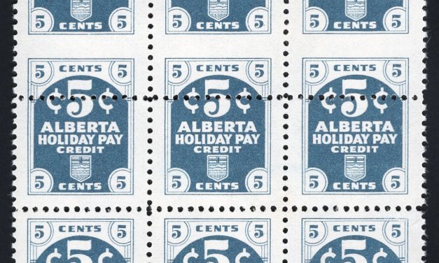 Canada Revenues. Alberta #AV11 ERROR. Striking VF mint Never Hinged mis-perforated block of 9 of the 1955 “Second Issue” 5c grey blue Vacation Pay Stamp. As regular block.