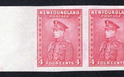 Newfoundland #189ai VF Unu 1932/37 4c left margin horizontal Imperforate Pair, issued without gum