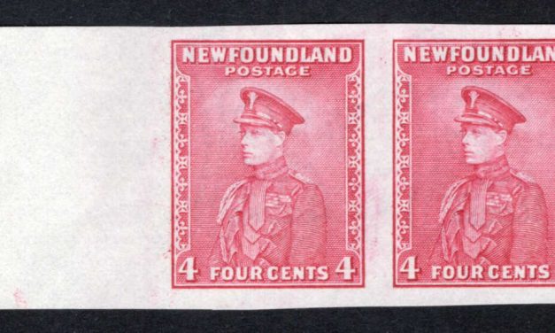 Newfoundland #189ai VF Unu 1932/37 4c left margin horizontal Imperforate Pair, issued without gum