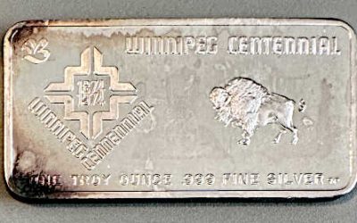 Winnipeg Centennial. Proof 1874/1974 .999 fine Buffalo and H.B.C. Ounce Silver Bar #000951