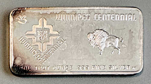Winnipeg Centennial. Proof 1874/1974 .999 fine Buffalo and H.B.C. Ounce Silver Bar #000951