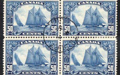 Canada #158 F/VF used block of the iconic 1929 issued 50c Bluenose from the George V “Scroll” series