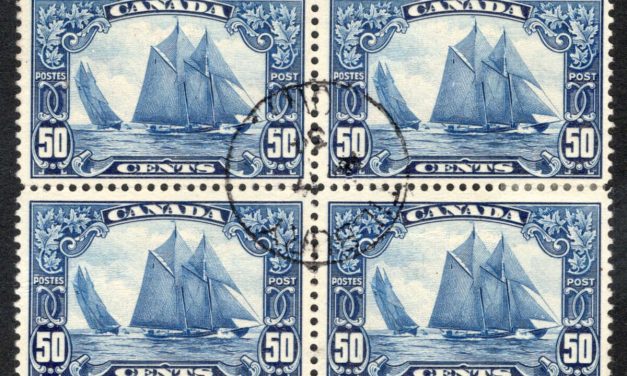 Canada #158 F/VF used block of the iconic 1929 issued 50c Bluenose from the George V “Scroll” series