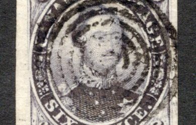 Canada #2. VF used example of the 6d slate violet 1851 Pence issue, with strong vertical laid lines, wide margins on three sides