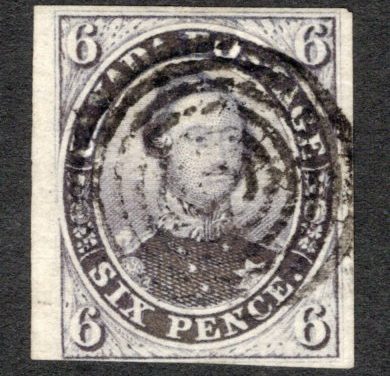 Canada #2. VF used example of the 6d slate violet 1851 Pence issue, with strong vertical laid lines, wide margins on three sides