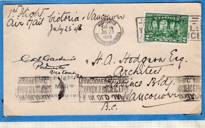 Canada Airmail. Victoria 1928 First Flight Cover to Vancouver, addressed to Vancouver Architect H.A. Hodgson and SIGNED by the Postmaster at Victoria