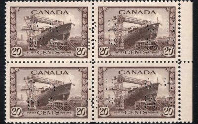 Canada #O9-260 VF Mint NH 1942 20c Corvette 4-hole perf OHMS rt margin Block of four