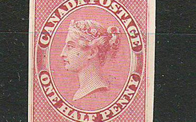 Canada #8P VF 1857 1/2d Rose Imperforate Plate Proof on card