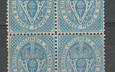 B.C. #7a Fine Mint HR 2 NH 1865 3d Pale Blue Block