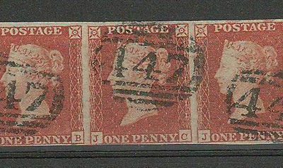 G.B. #3 F/VF Leeds 447 Used 1841 1d Red Strip of Five