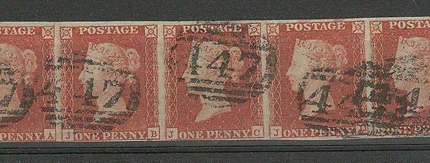 G.B. #3 F/VF Leeds 447 Used 1841 1d Red Strip of Five