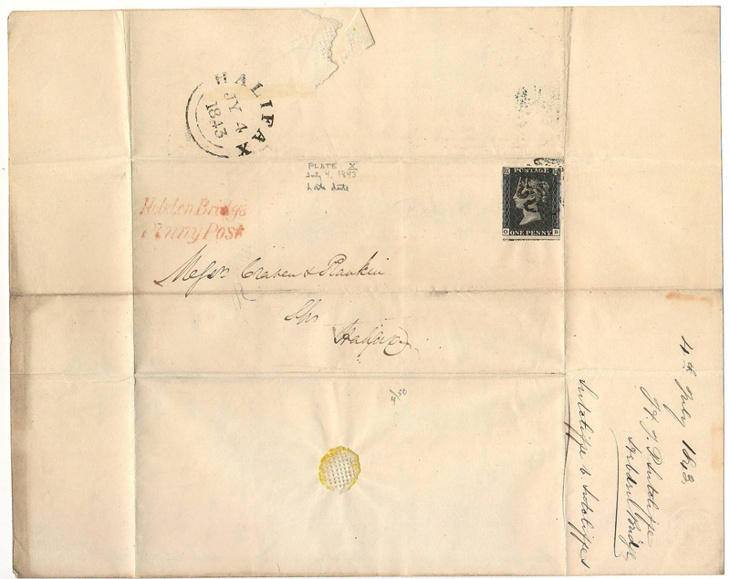 G.B. #1 4 Jl 1843 Hobden Bridge Penny Post 1d Black FLS to Halifax