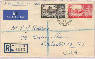 Trafford Park #309-310 23 Sp 1955 7/6d Registered FDC to U.S.