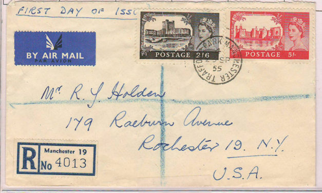 Trafford Park #309-310 23 Sp 1955 7/6d Registered FDC to U.S.