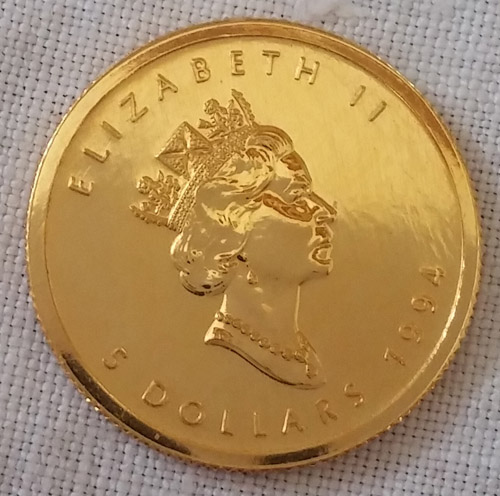 Canada BU 1994 .9999 Fine 1/10 Ounce $5 Gold Maple Leaf