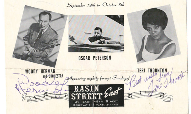 Nat King Cole, Woody Herman, Teri Thornton signed Basin St. E. flier