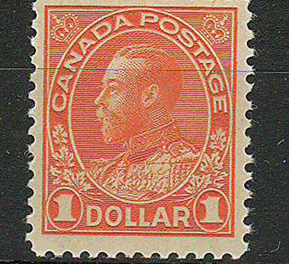 Canada #122 F/VF Never Hinged 1925 $1 Orange, Dry Printing