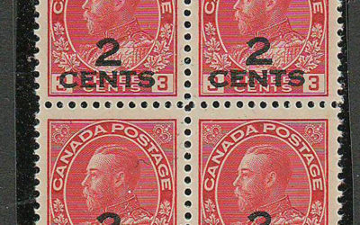 Canada #140 F/VF Never Hinged 1926 2-line Surcharge Block $270. (4)