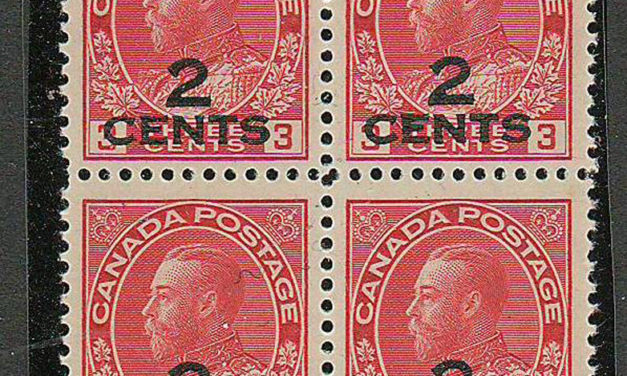 Canada #140 F/VF Never Hinged 1926 2-line Surcharge Block $270. (4)