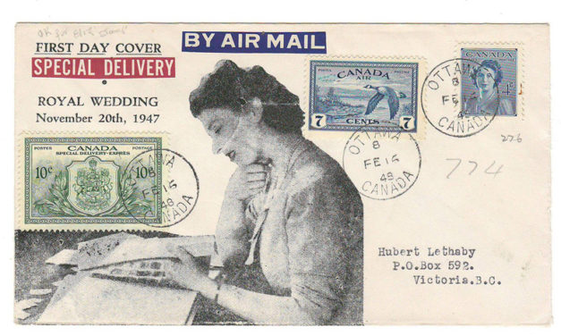 Canada #276, C9, E11 cacheted 16 Feb 1948 Ottawa FDC to B.C